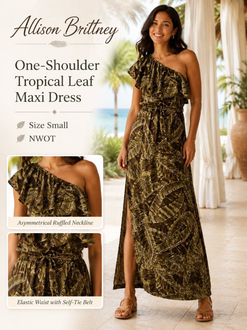 Allison Brittney Tropical Leaf One Shoulder Maxi Dress Size Small NWOT